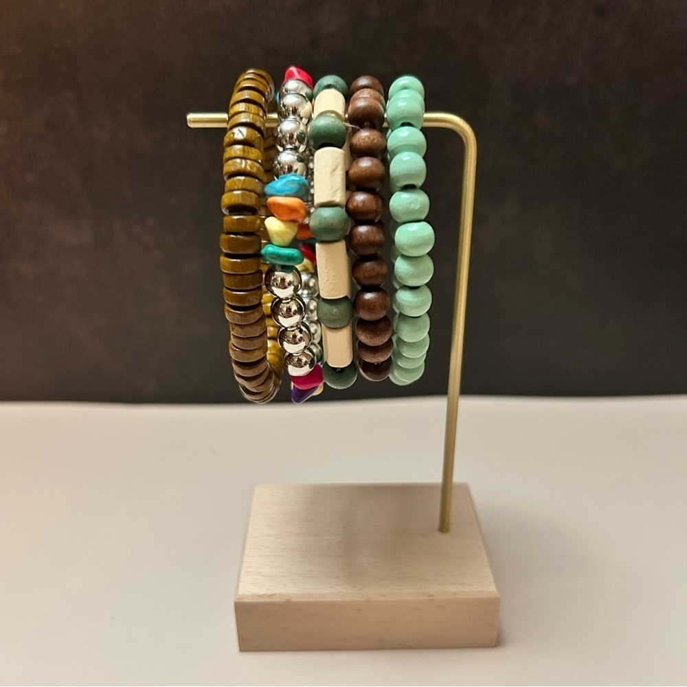 5 Piece Multicolor Rocks Brown Silver Green Beaded Bracelet Set